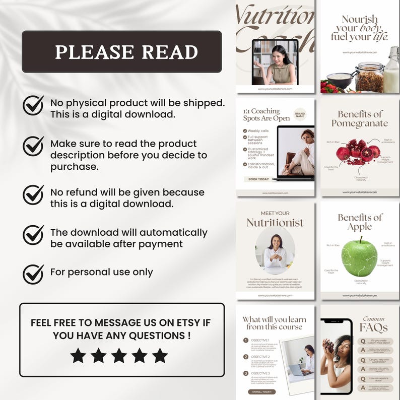 May include: A digital download product with various informational graphics. The image includes text that reads "PLEASE READ" with details about the digital download, and other graphics about nutrition, coaching, and health benefits.