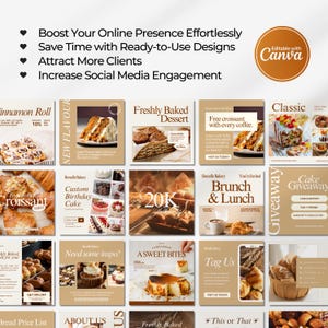 Editable bakery Instagram templates featuring cake posts, bakery menus, food photography, promotional carousels, Facebook and Instagram ads, and professional Canva designs for bakeries, cake shops, and food bloggers.