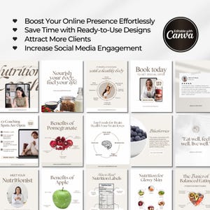 May include: A collection of social media templates with various health and wellness themes. The templates include text such as "Nourish your body, fuel your life" and "Benefits of Pomegranate." The Canva logo is visible in the upper right corner.