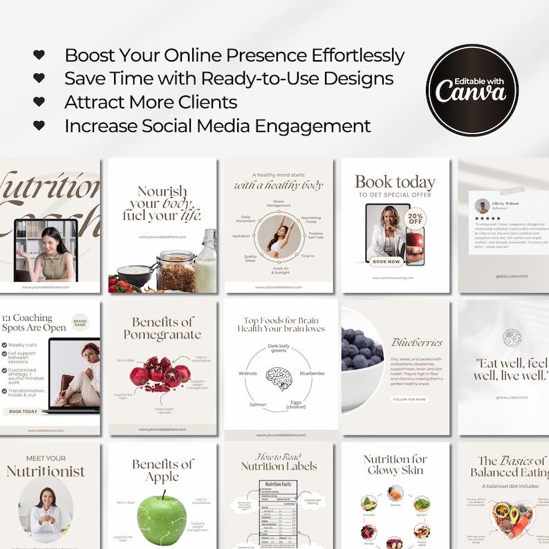 May include: A collection of social media templates with various health and wellness themes. The templates include text such as "Nourish your body, fuel your life" and "Benefits of Pomegranate." The Canva logo is visible in the upper right corner.