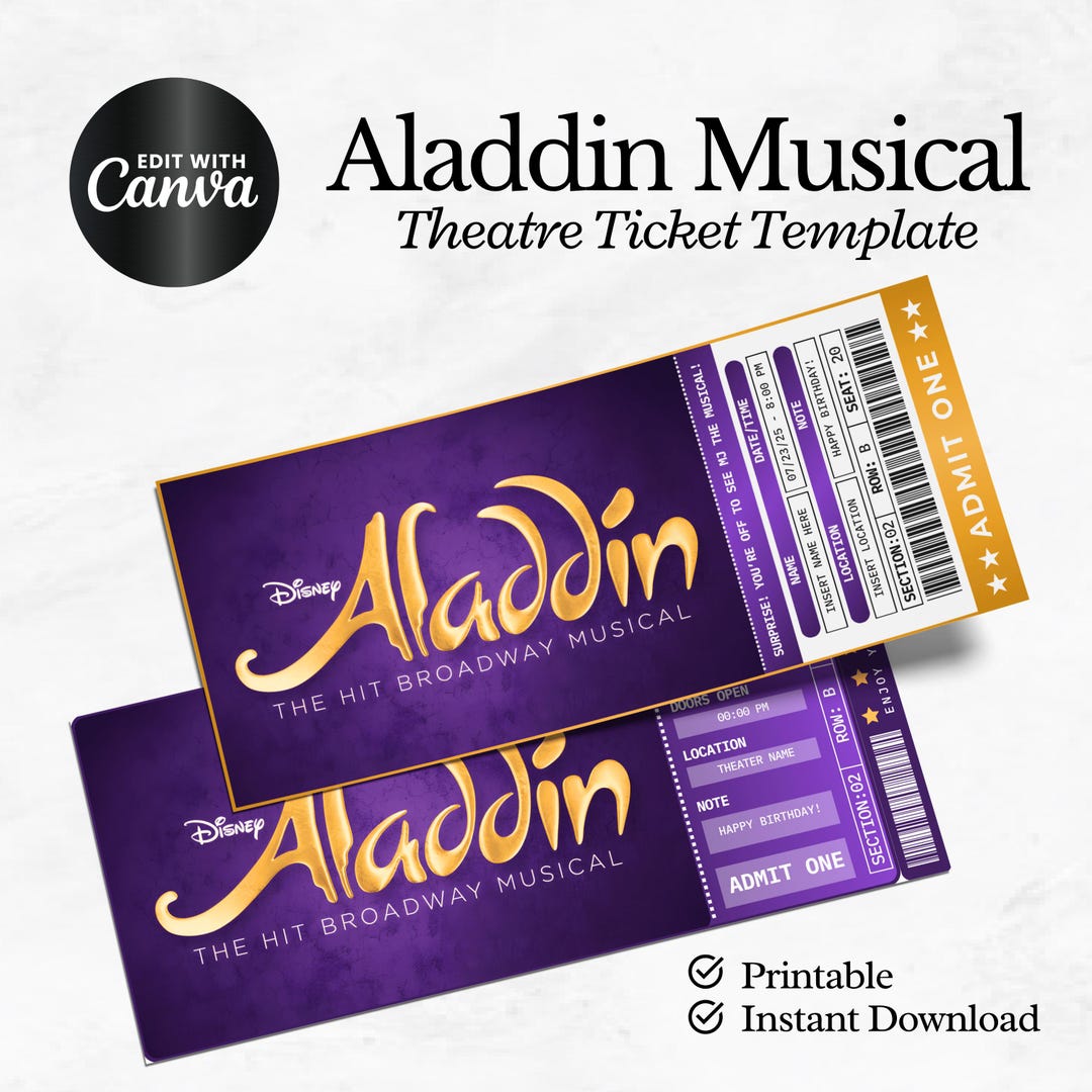 Editable Aladdin Musical Theatre Ticket, Personalized Gift Reveal ...