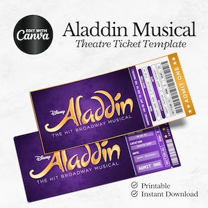 Redigerbar Aladdin-biljett till musikalen, personlig presentavslöjning, utskrivbar West End-, Broadway-souvenir-minnessak, falsk biljett Canva-mall