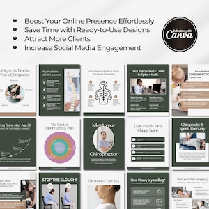 Editable chiropractic Instagram templates featuring chiropractor posts, clinic content, holistic health tips, chiropractic branding, educational carousels, and professional social media designs for chiropractic clinics and wellness practices.