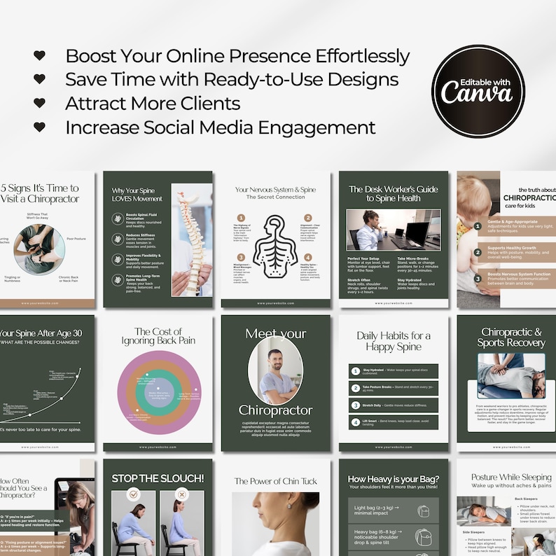 Editable chiropractic Instagram templates featuring chiropractor posts, clinic content, holistic health tips, chiropractic branding, educational carousels, and professional social media designs for chiropractic clinics and wellness practices.