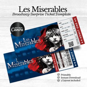 Editable Les Miserables Broadway Surprise Ticket, Musical Collectible Theater Ticket Printable Musical Theatre Faux Event Admission Souvenir