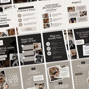 Puede incluir: Una colección de diapositivas educativas de marketing digital con una paleta de colores neutros en negro, blanco y beige. Los gráficos incluyen superposiciones de texto, listas numeradas y elementos fotográficos de escenas profesionales.