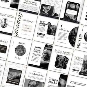 May include: A collection of black and white promotional materials for a tattoo studio. The designs include text such as "Giveaway", "Book Today", and "Tattoo Studio". The overall aesthetic is modern and minimalist, with a focus on typography and imagery.