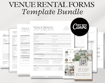 May include: A bundle of venue rental forms templates, including contracts and client intake forms. The forms are in a minimalist design with headings like "Client Information" and "Event Information." Includes a bonus business card template.