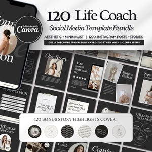 Könnte beinhalten: Ästhetisches und minimalistisches Social-Media-Vorlagenpaket für Life Coaches. Enthält 120 Instagram-Posts und -Stories sowie 120 Bonus-Story-Highlight-Cover. Mit dem Text "120 Life Coach" und "Editable with Canva."