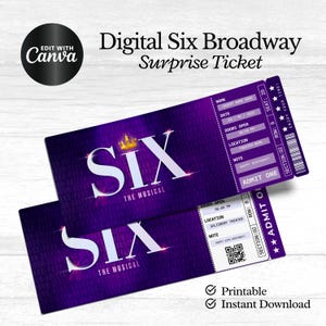 以下が含まれることがあります： Six the Musical の公演のための印刷可能なデジタルチケット。チケットは、金色の王冠と白い文字で「Six The Musical」と書かれた紫色のデザインです。チケットには、「名前」、「日付」、「開場時間」、「場所」、「備考」、「セクション」、「列」、「座席」、「入場許可」のテキストが含まれています。
