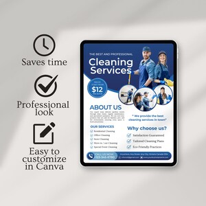 Editable cleaning business flyer template featuring residential and commercial cleaning services, professional company details, promotional offers, and a printable brochure design for cleaners and small businesses.