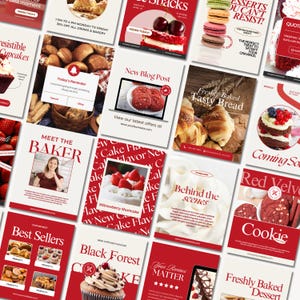 May include: A collage of images showcasing various baked goods, including cupcakes, cookies, bread, and cakes. The images feature a variety of colours and designs, with a focus on red velvet and strawberry flavours. The text on the images includes phrases like "Meet the Baker", "Best Sellers", "New Blog Post", and "Freshly Baked Dessert".