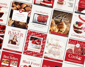 Könnte beinhalten: Eine Collage aus Bildern, die verschiedene Backwaren zeigen, darunter Cupcakes, Kekse, Brot und Kuchen. Die Bilder zeigen eine Vielzahl von Farben und Designs mit Schwerpunkt auf Rotweinsorten und Erdbeergeschmack. Der Text auf den Bildern enthält Sätze wie "Treffen Sie den Bäcker", "Bestseller", "Neuer Blogbeitrag" und "Frisch gebackenes Dessert".