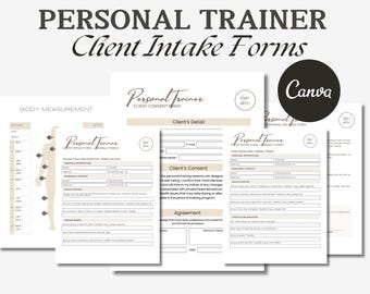 May include: A collection of personal trainer client intake forms. The forms include sections for body measurements, client details, consent, and health history. The forms are designed with a clean, minimalist aesthetic and are fully editable with Canva.