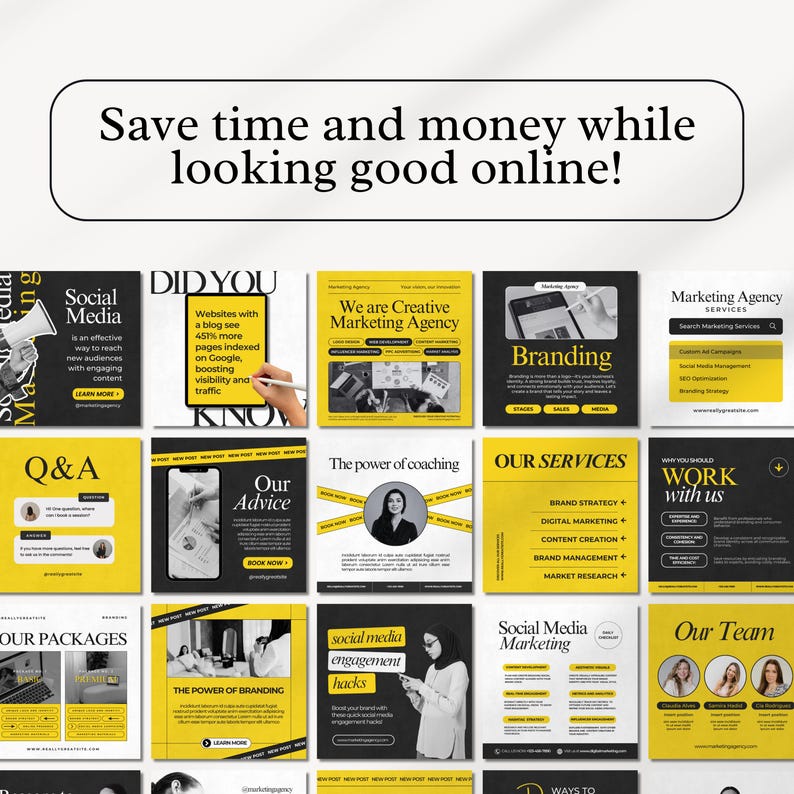 Editable digital marketing Instagram templates featuring agency posts, business carousels, social media management tips, coaching content, and professional designs for social media managers, coaches, and digital agencies.