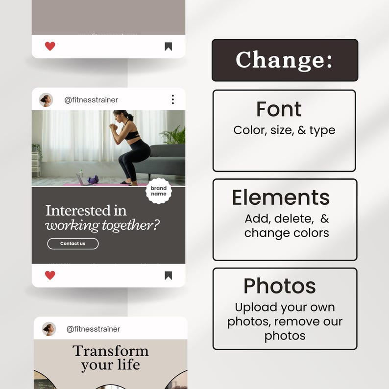 Editable fitness Instagram templates for personal trainers, wellness coaches, health coaches, and fitness instructors, featuring gym posts, carousel designs, fitness branding, and professional social media content.