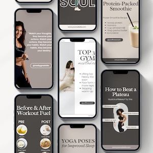 Editable fitness Instagram templates for personal trainers, wellness coaches, health coaches, and fitness instructors, featuring gym posts, carousel designs, fitness branding, and professional social media content.