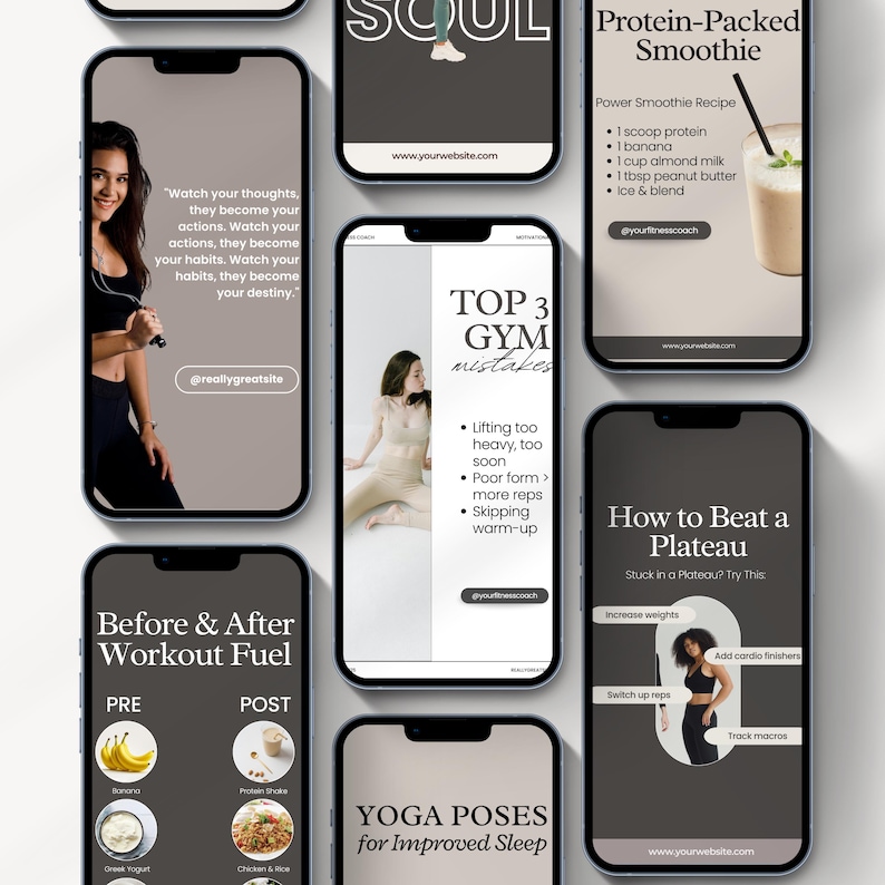 Editable fitness Instagram templates for personal trainers, wellness coaches, health coaches, and fitness instructors, featuring gym posts, carousel designs, fitness branding, and professional social media content.