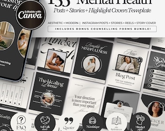 Mental Health Instagram Bundle, Anxiety Post Kit, Therapist Social Media Templates, Self Help Infographics, Self Care, Canva Templates