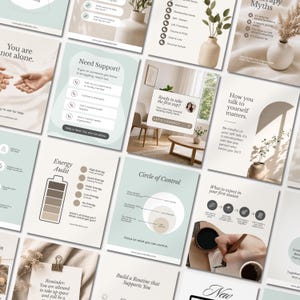 May include: A collection of digital social media templates for mental health therapy, featuring soft sage green and neutral beige color palettes, minimalist typography, and educational graphics including an energy audit chart and circle of control.