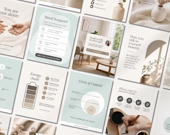 Op de afbeelding: Een verzameling digitale social media sjablonen voor mentale gezondheidstherapie, met zachte saliegroene en neutrale beige kleurenpaletten, minimalistische typografie en educatieve afbeeldingen zoals een energie-auditgrafiek en controlecirkel.