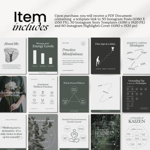 K&ouml;nnte beinhalten: Ein digitales Produktpaket mit Instagram-Vorlagen. Das Bild zeigt eine Sammlung von Vorlagen mit Texten wie "About Me", "Practice Mindfulness" und "Anxiety Coping Strategies". Die Vorlagen sind in Grau- und Wei&szlig;t&ouml;nen gehalten.