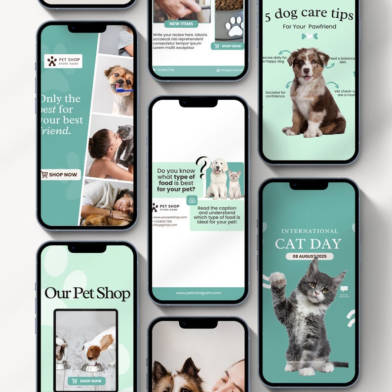Editable pet care Instagram templates for veterinarians, pet shops, grooming businesses, and dog walkers, featuring cat and pet posts, UGC content, Canva designs, and dog walking templates.