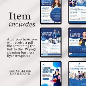 Editable cleaning business flyer template featuring residential and commercial cleaning services, professional company details, promotional offers, and a printable brochure design for cleaners and small businesses.