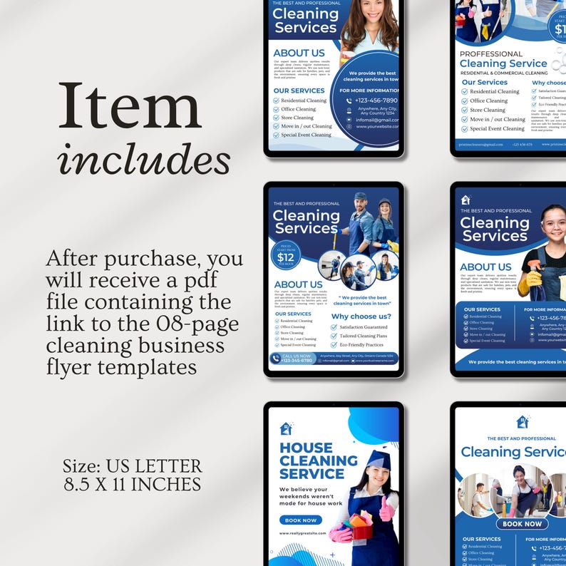 Editable cleaning business flyer template featuring residential and commercial cleaning services, professional company details, promotional offers, and a printable brochure design for cleaners and small businesses.