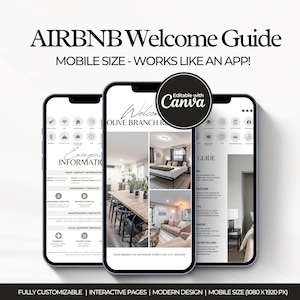 Könnte beinhalten: Drei Smartphones, die einen Airbnb-Willkommensleitfaden anzeigen. Der Leitfaden enthält Abschnitte für Notfallinformationen, lokale Unterstützungsdienste und eine Willkommensnachricht. Das Design ist modern und vollständig anpassbar, mobile Größe 1080 x 1920 px.