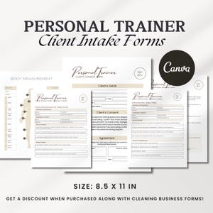 May include: A set of printable personal trainer client intake forms in a light brown and white color scheme. The forms include a client consent form, a client detail form, a personal release form, and a body measurement form. The forms are designed to be printed on 8.5 x 11 inch paper.