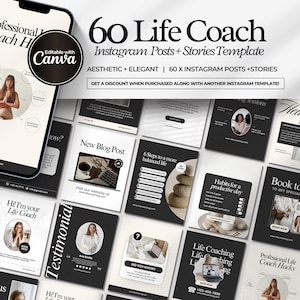 May include: A set of 60 Instagram post and story templates for life coaches. The templates feature a minimalist aesthetic with black and white backgrounds and text. The templates include quotes, tips, and calls to action.