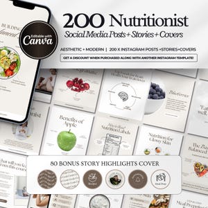 May include: A collection of social media templates for nutritionists, featuring a smartphone with a Canva logo. The templates include posts, stories, and covers with aesthetic and modern designs. The image also includes story highlight covers.