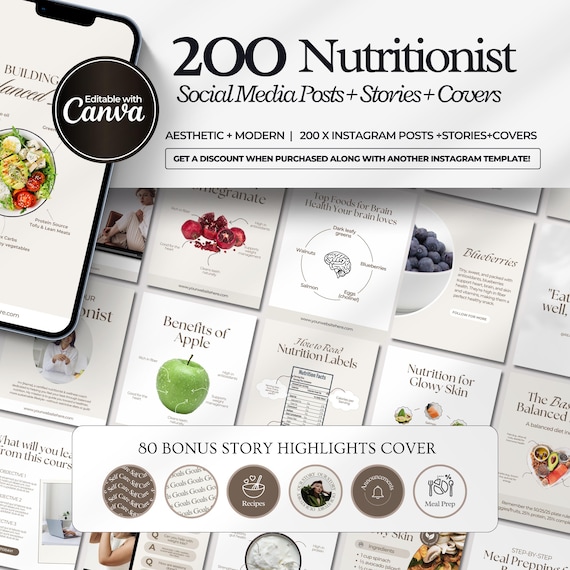 200 Nutrition Coach Instagram Post Templates | Wellness Templates | Instagram Engagement | Nutritionist Social Media Posts | Canva Templates