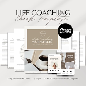 Könnte beinhalten: Eine digitale E-Book-Vorlage für Life Coaching mit Arbeitsblättern und Social-Media-Vorlagen. Das Design umfasst eine neutrale Farbpalette mit dem Text "Life Coaching Worksheets" und "Edit with Canva."