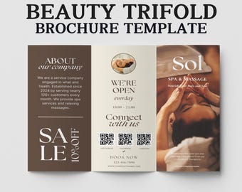 Könnte beinhalten: Eine dreiteilige Broschürenvorlage für ein Spa und Massagegeschäft namens "Sol". Die Broschüre zeigt ein Foto einer Person, die eine Gesichtsmassage erhält. Der Text auf der Broschüre lautet "Wir sind täglich von 10:00 bis 21:00 Uhr geöffnet" und "Verbinden Sie sich mit uns". Es gibt drei QR-Codes für Instagram, Facebook und LinkedIn. Die Broschüre enthält auch einen 10%igen Rabatt.
