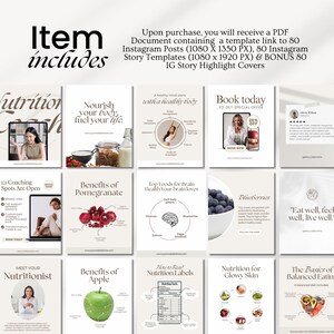 May include: A collection of 16 digital templates for Instagram posts and stories, promoting nutrition and wellness. The templates feature images of food, healthy lifestyle tips, and quotes. Includes a PDF document with a template link.