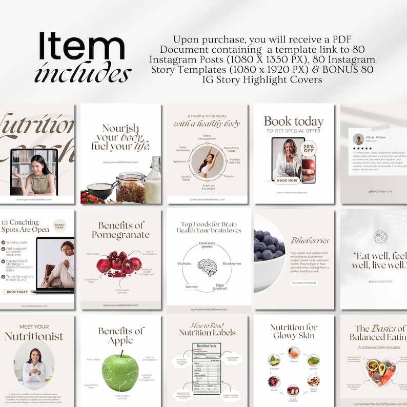 May include: A collection of 16 digital templates for Instagram posts and stories, promoting nutrition and wellness. The templates feature images of food, healthy lifestyle tips, and quotes. Includes a PDF document with a template link.