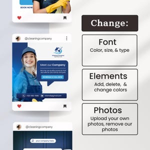 Puede incluir: Una plantilla de publicaci&oacute;n en redes sociales para una empresa de limpieza. La plantilla presenta un fondo azul con una foto de una mujer con uniforme de limpieza. El texto en la plantilla dice "Conoce nuestra empresa" y "Solo usamos productos de calidad que son seguros para tu familia y mascotas." La plantilla tambi&eacute;n incluye una llamada a la acci&oacute;n para "Programar una llamada ahora".