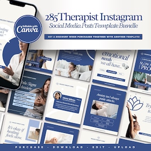 Puede incluir: Un paquete de productos digitales de 285 plantillas de publicaciones de redes sociales de Instagram para terapeutas. Las plantillas presentan una combinación de colores azul y blanco con varios diseños, incluidos marcadores de posición de texto e imagen. El logotipo de Canva es visible.