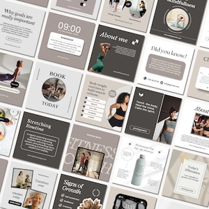Könnte beinhalten: Eine Collage aus Bildern, die ein Fitnessunternehmen bewerben. Die Bilder zeigen Menschen beim Sport, motivierende Zitate und Tipps für ein gesundes Leben. Der Text beinhaltet "Warum Ziele wirklich wichtig sind", "Heute buchen", "Dehnroutine", "Achtsamkeit", "Wusstest du schon?", "Körpergewichtsübungen, um Muskeln zu Hause aufzubauen", "Berühre den Körper, heile den Geist, beruhige die Seele", "Tipp zur Flüssigkeitszufuhr: Schlürfe, schlürfe, hurra", "Verändere deine Denkweise", "Anzeichen von Wachstum", "Affirmation des Tages: Ich bin zu Wachstum und Veränderung fähig."