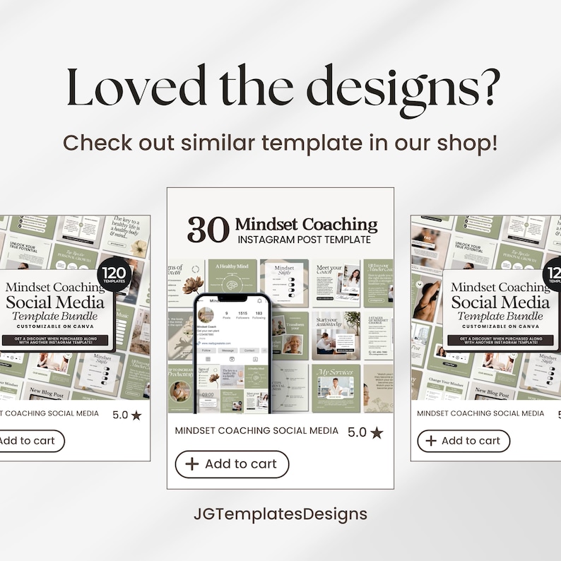 May include: Three digital product mockups for social media templates. Each mockup features a green and white color scheme with a photo of a phone displaying the template. The text on the mockups reads "Mindset Coaching Social Media Template Bundle Customizable on Canva" and "30 Mindset Coaching Instagram Post Template".