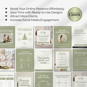 May include: A collage of 12 green and white social media graphics with tips for self-care, mindfulness, and positive thinking. The graphics feature text such as "When you're overwhelmed, focus on the next breath", "I am capable, worthy, and enough", and "Gratitude unlocks abundance".