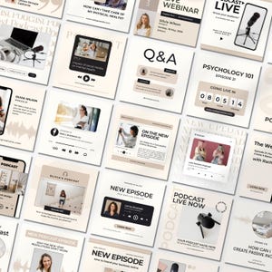 Può includere: Una raccolta di grafiche per social media a tema podcast in beige e bianco. I design presentano testo, immagini e icone relative al podcasting, inclusi titoli di episodi, nomi degli ospiti ed elementi promozionali. Il tema generale è incentrato sul business e sul marketing online.