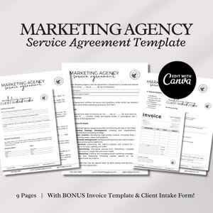 Peut inclure: Un modèle de contrat de service d'agence de marketing en noir et blanc avec un formulaire de prise de contact client et un modèle de facture. Le document comprend des sections pour le développement de la stratégie marketing, la création de contenu, la gestion des médias sociaux, la publicité et les rapports. Le document comprend également une section pour les informations et la signature du client.