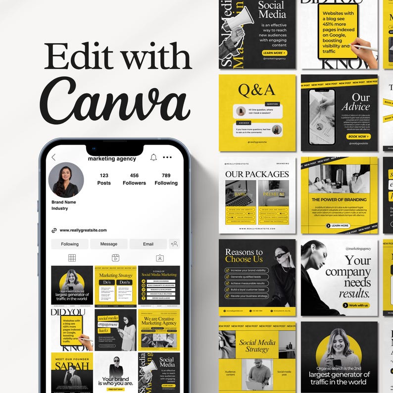 Editable digital marketing Instagram templates featuring agency posts, business carousels, social media management tips, coaching content, and professional designs for social media managers, coaches, and digital agencies.
