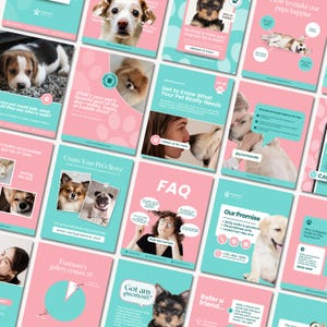 Pode incluir: Uma coleção de gráficos de mídia social rosa e azul-turquesa com cães. Os gráficos incluem texto sobre cuidados com animais de estimação, perguntas frequentes e chamadas para ação. Várias raças de cães são apresentadas.
