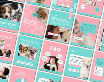 May include: A collection of pink and teal social media graphics featuring various dogs. The graphics include text about pet care, FAQs, and calls to action. Images of different dog breeds are also present.