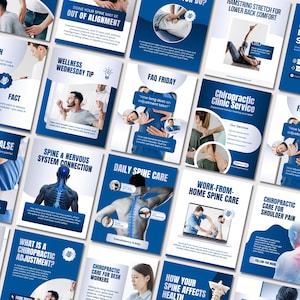Peut inclure: Ensemble d'affiches bleues et blanches sur les soins chiropratiques. Les affiches traitent de l'alignement de la colonne vertébrale, des soins quotidiens de la colonne vertébrale et des soins de la colonne vertébrale à domicile. Texte : "Chiropractic Clinic Service" et "FAQ Friday".