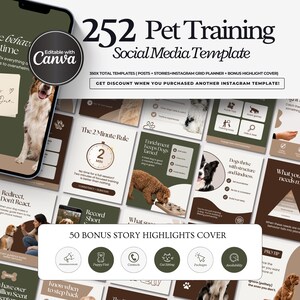 Modern dog Instagram templates featuring pet infographics, dog training tips, grooming and walking content, aesthetic posts, pet Facebook graphics, and UGC designs for pet shops, trainers, groomers, and dog walkers.